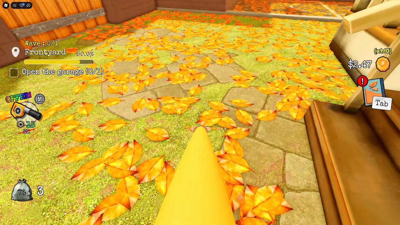 First-person view aiming a yellow cleaning tool toward the garage with the objective on screen