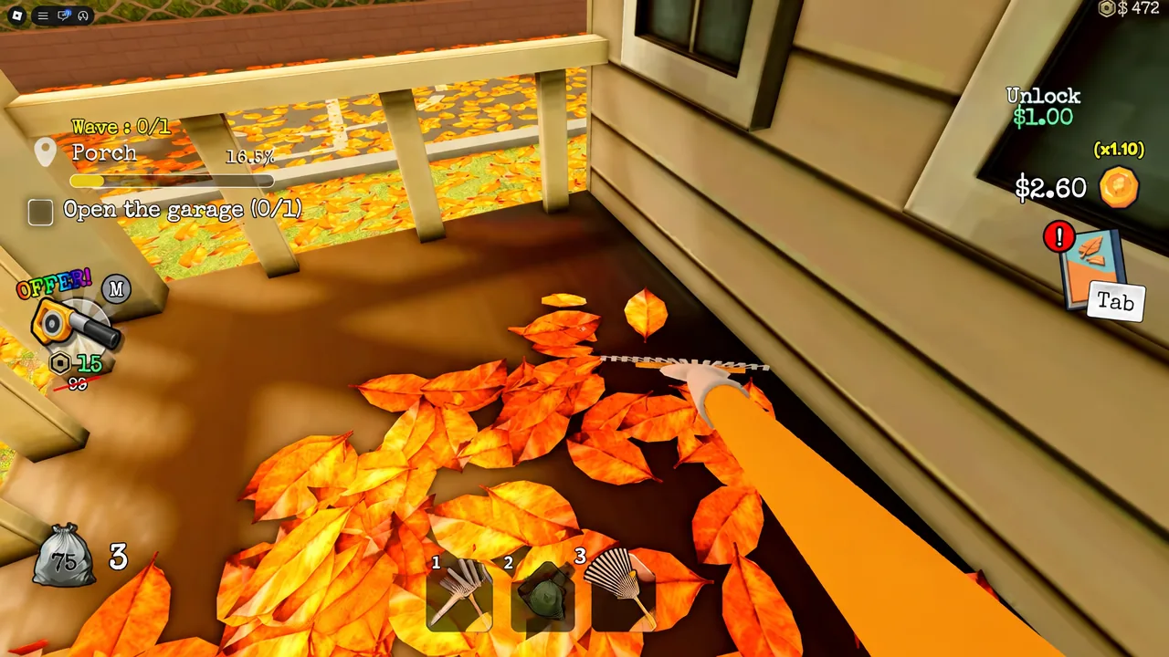 Player sweeping leaves on the porch with the rake while the garage objective is active