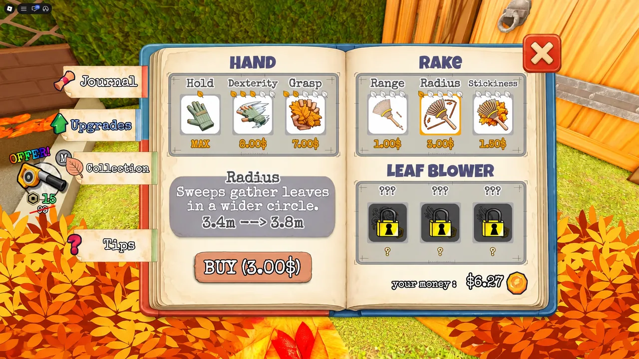 Upgrades menu showing the Rake Radius upgrade with a three dollar buy button