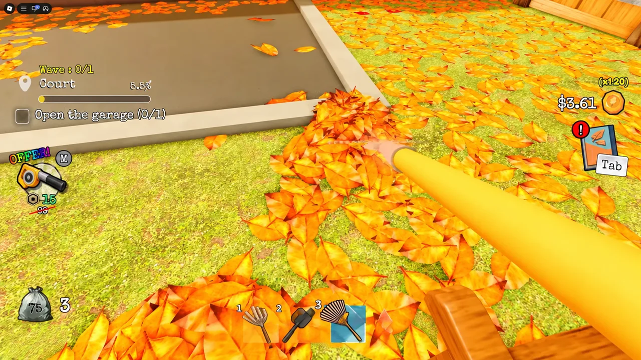 Leaf blower equipped in the courtyard with the garage objective showing in the corner