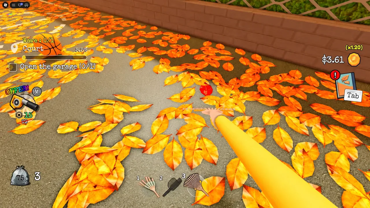 Court area with the Tab key prompt highlighted on screen while leaves are being cleared