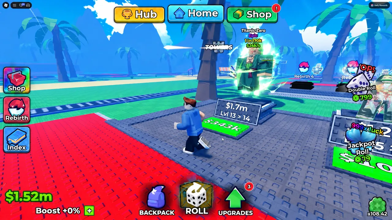 Player character walking up to a green earnings pad showing $3.43k next to a $1.7m station