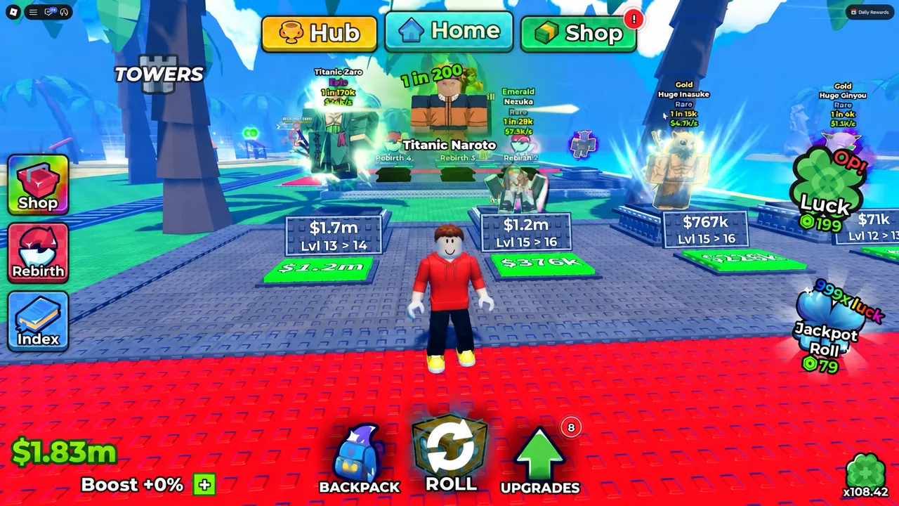 Hub tab selected in Anime Dice showing the player character and the tower units on display