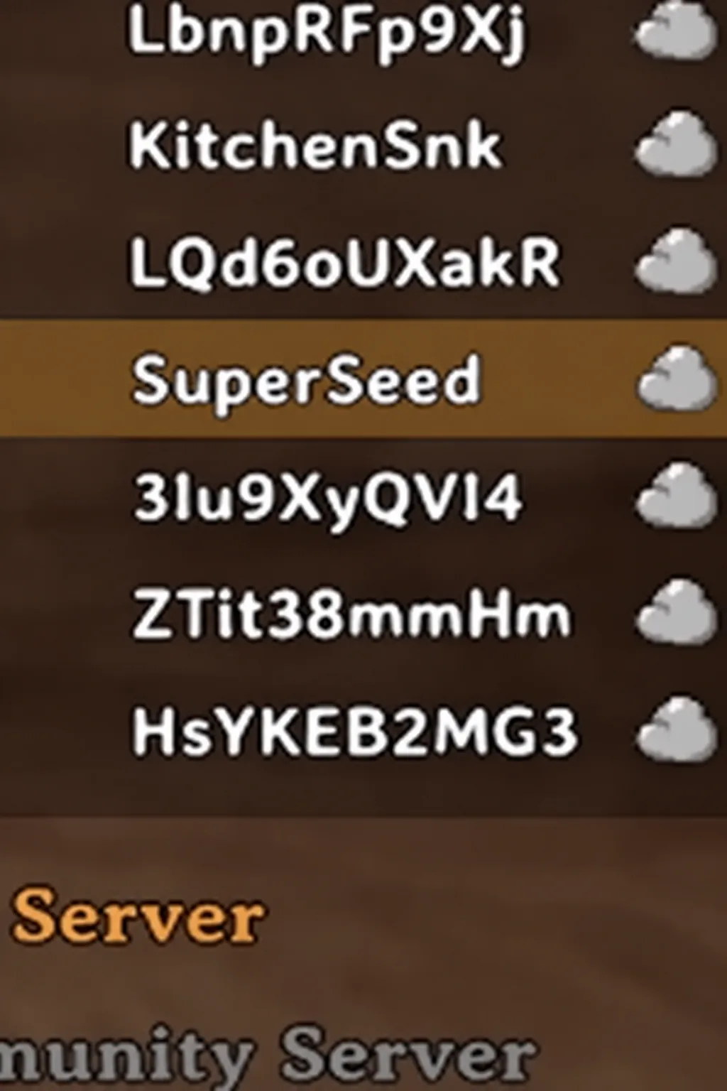 World selection screen with the SuperSeed entry highlighted in the server list