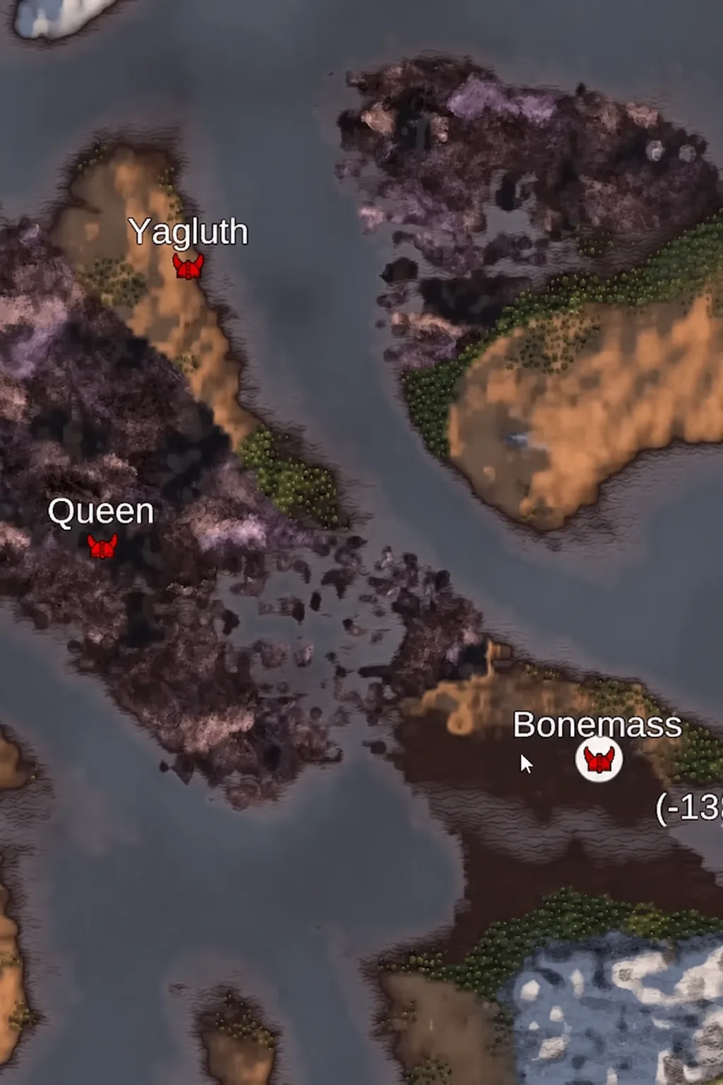 World map with boss markers for Yagluth, Queen, and Bonemass placed close together