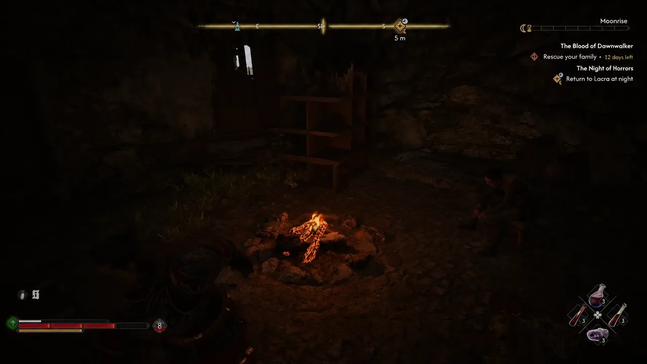 Campfire at night with the objective to return to Lacra during The Night of Horrors