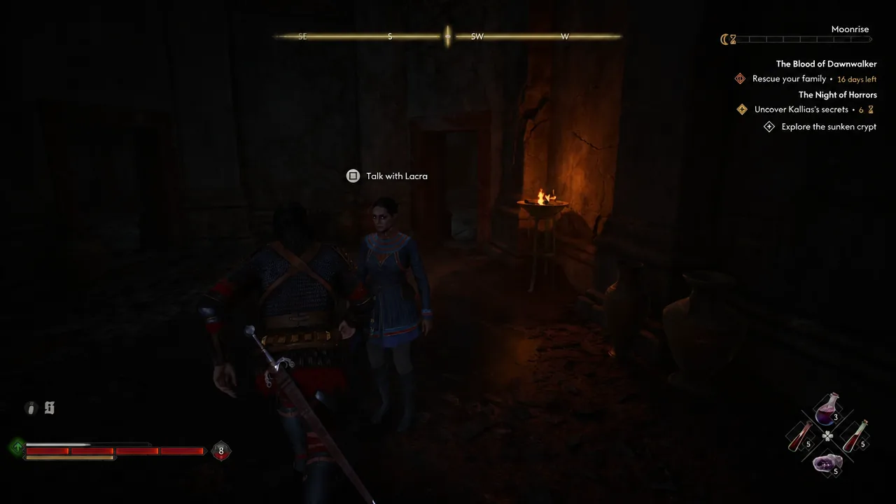 The Talk with Lacra interaction prompt highlighted on the road during the quest