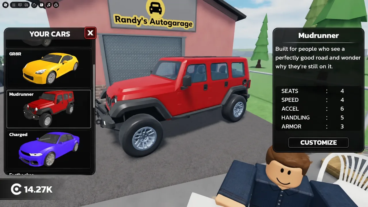 The Mudrunner jeep selected in the Your Cars menu with its armor and acceleration stats shown