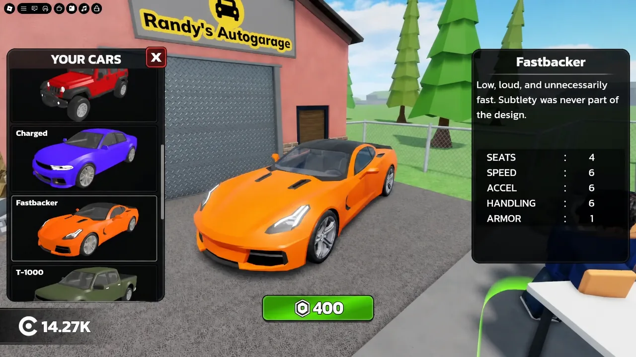 Fastbacker selected in the Your Cars menu with its stat bars and the green 400 purchase button