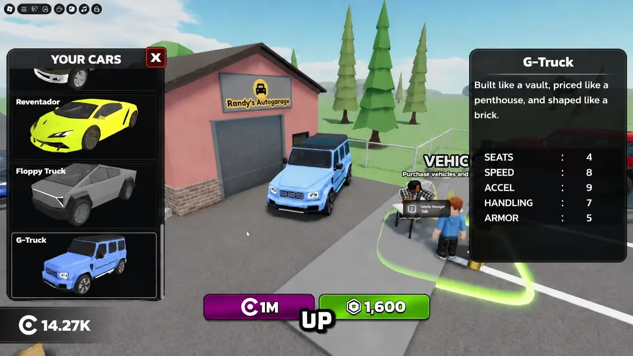 The G-Truck selected in the Your Cars vehicle menu with its speed, acceleration, handling and armor bars visible