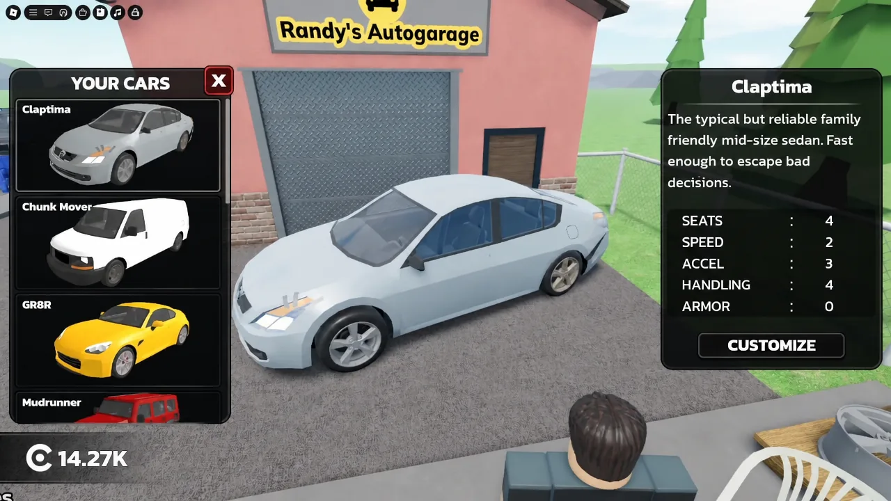 The Your Cars menu with Claptima highlighted, showing its stat bars and the Customize button