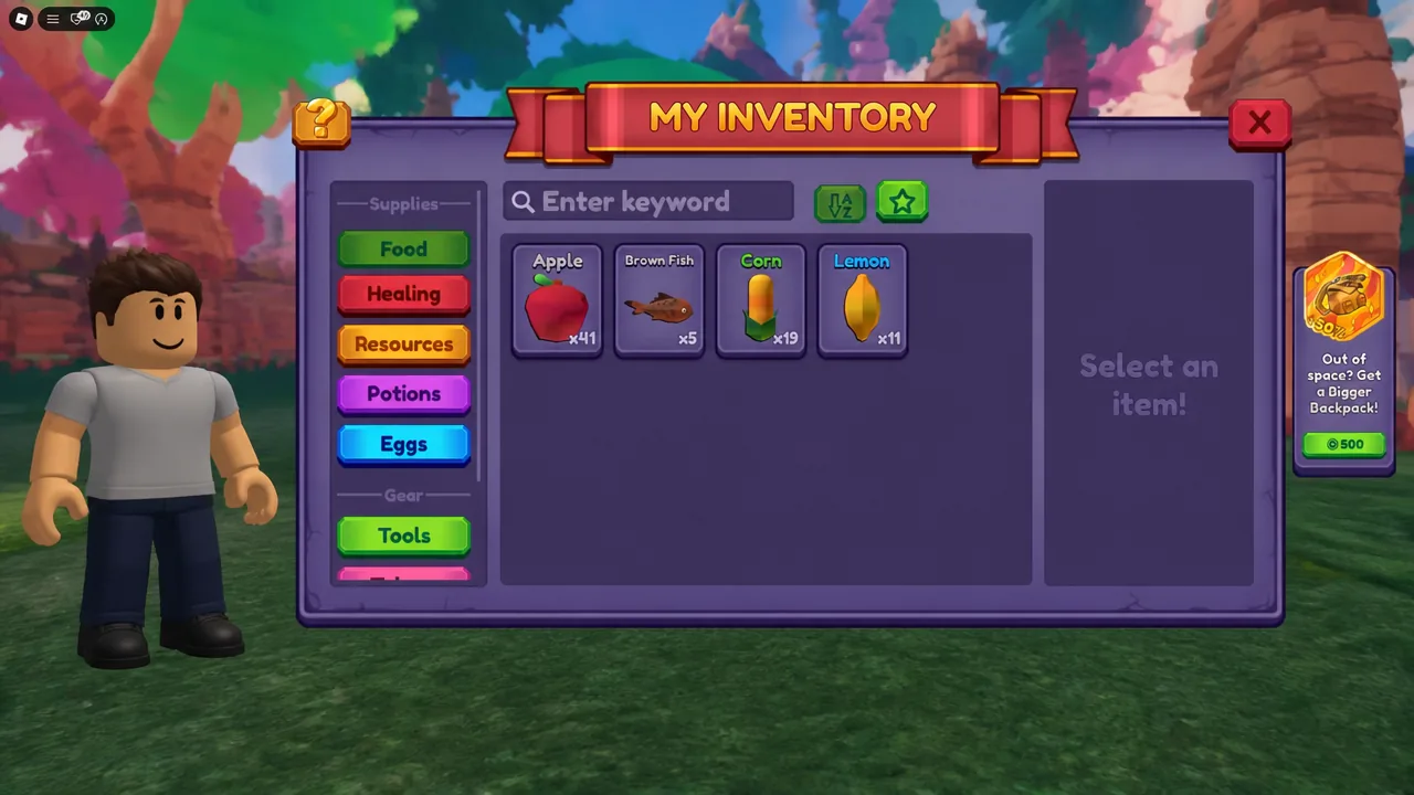 MY INVENTORY window open on the Food tab, listing stored crops and fish