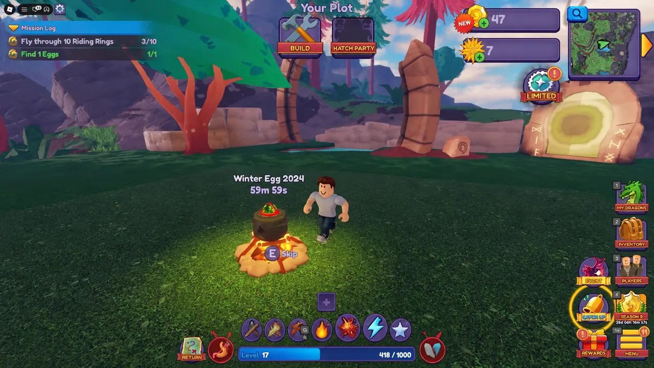 Campfire hatching a Winter Egg 2024 with the E Skip prompt and countdown on screen