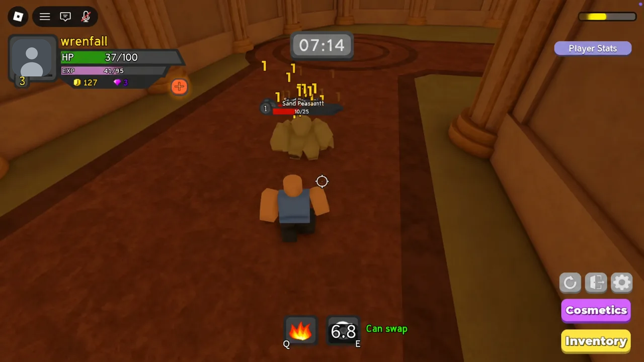 Damage numbers popping off a highlighted Sand Peasant during a dungeon fight