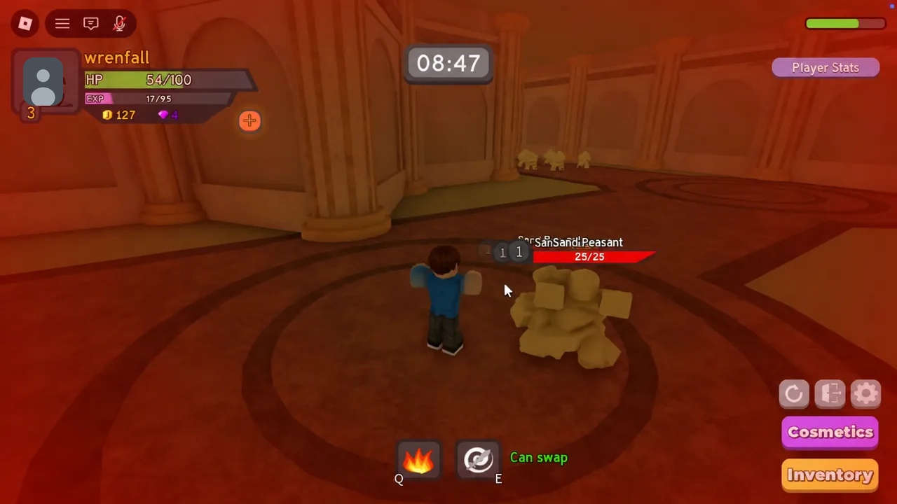 Player attacking a Sand Peasant with its 25/25 health bar shown and the Player Stats and Inventory buttons on screen