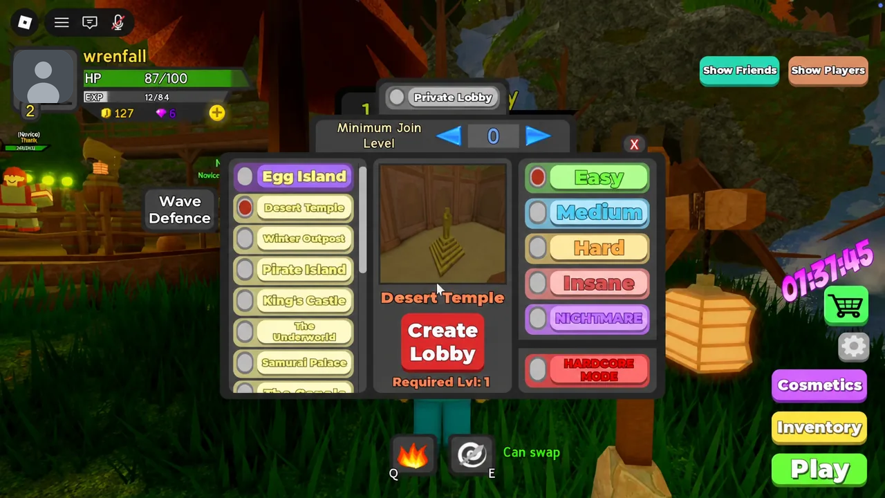 Private Lobby screen with Desert Temple and the Easy difficulty selected before creating the lobby