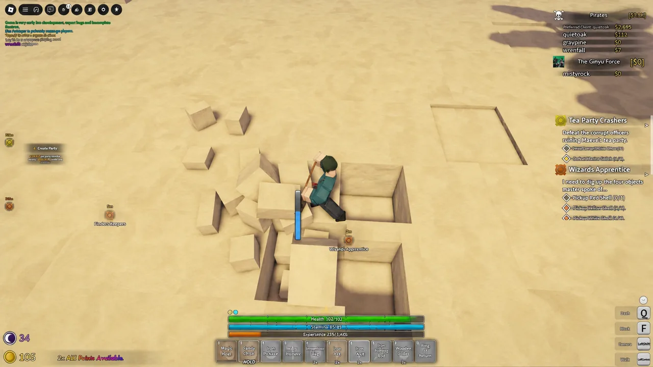 Player swinging a pickaxe at a pile of rubble with the quest panel open on the right