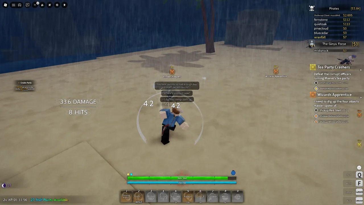 Combat damage numbers and the ability hotbar on screen while the Wizards Apprentice quest is tracked