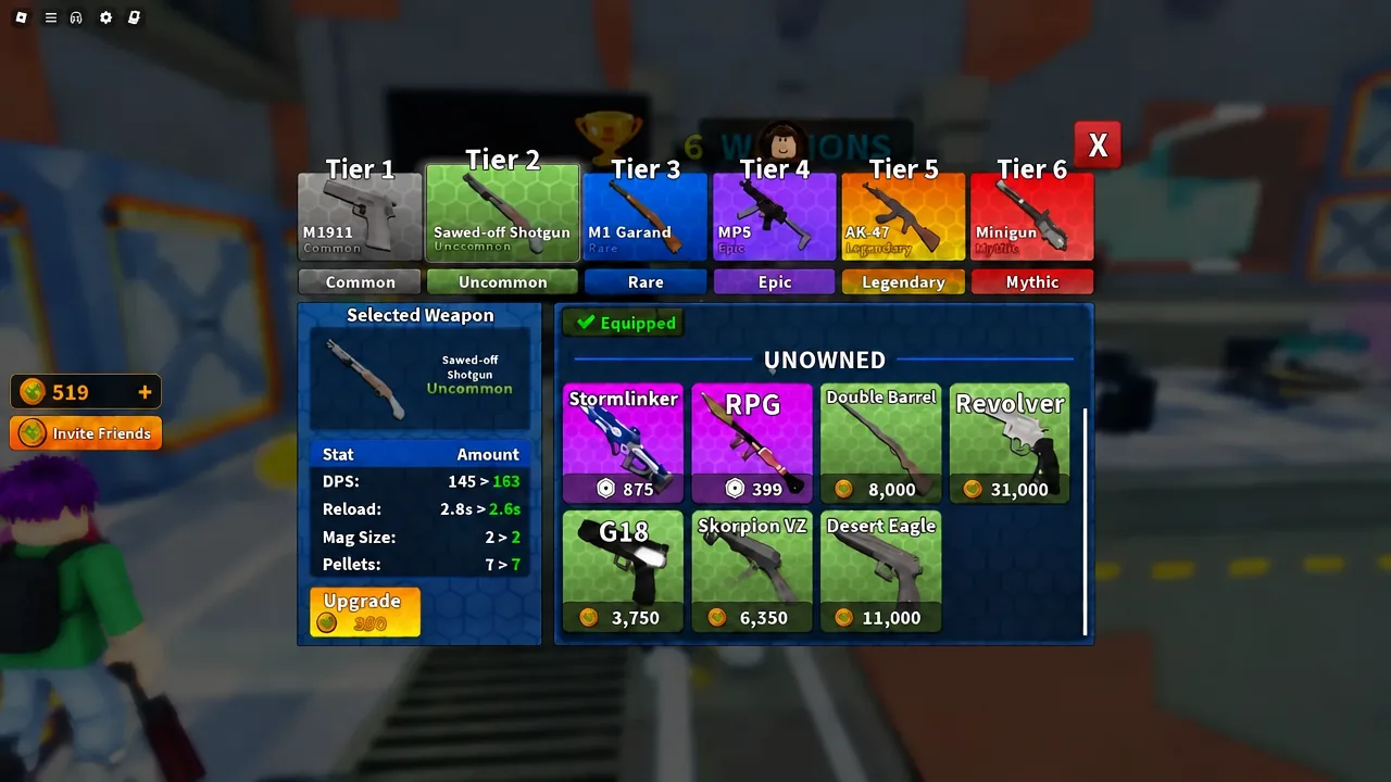 Weapon selection screen with the Tier 2 Sawed-off Shotgun highlighted and its stats and Upgrade button shown
