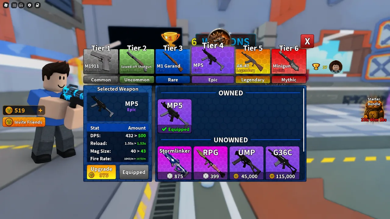 Weapons screen with the MP5 selected and the Upgrade button highlighted