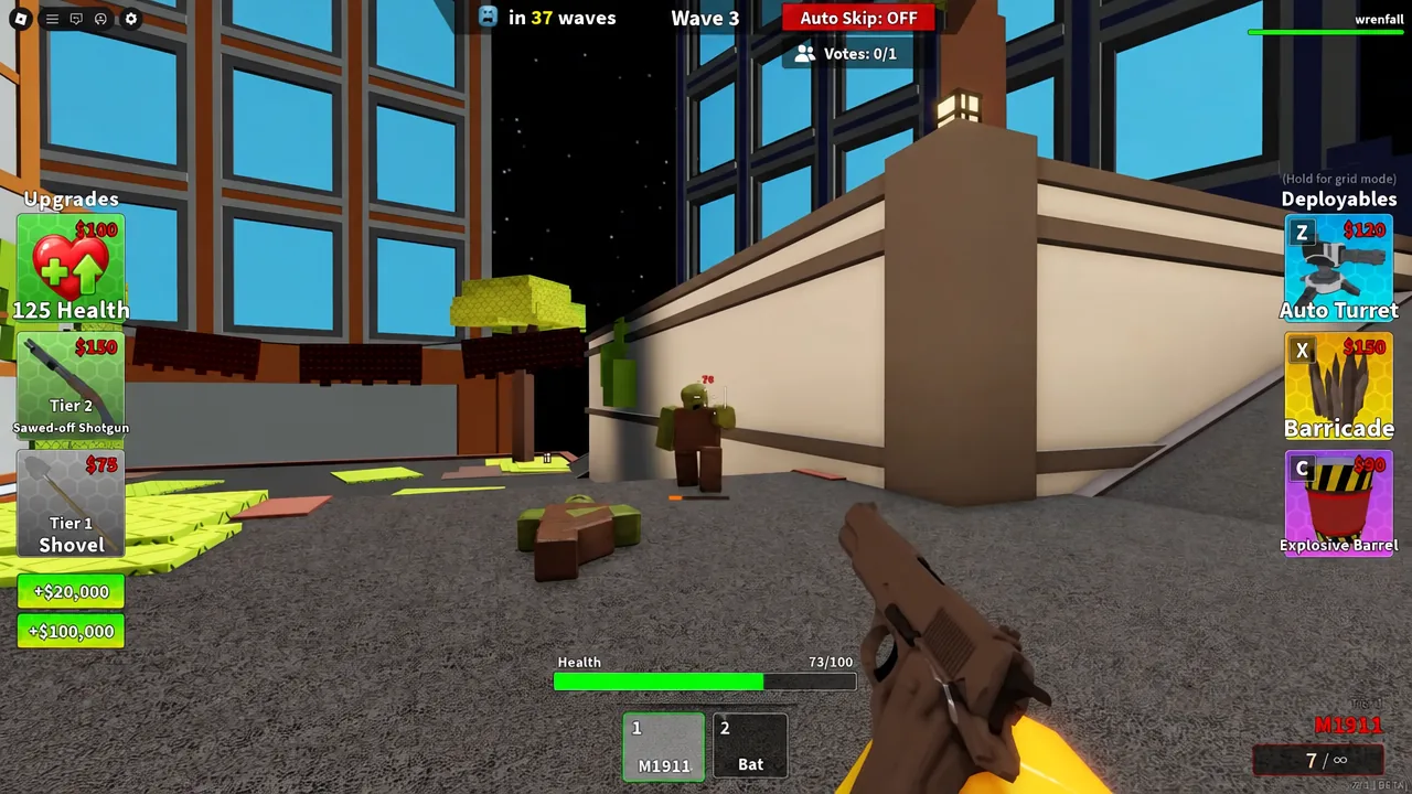 Upgrades and Deployables HUD open with the M1911 in slot 1 as a zombie approaches