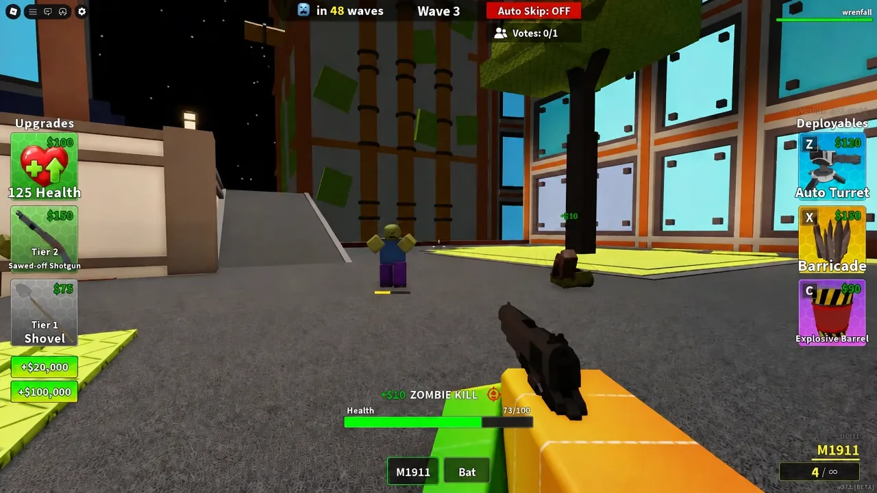 Player firing the M1911 at a zombie during Wave 3 with the Upgrades and Deployables menus on screen