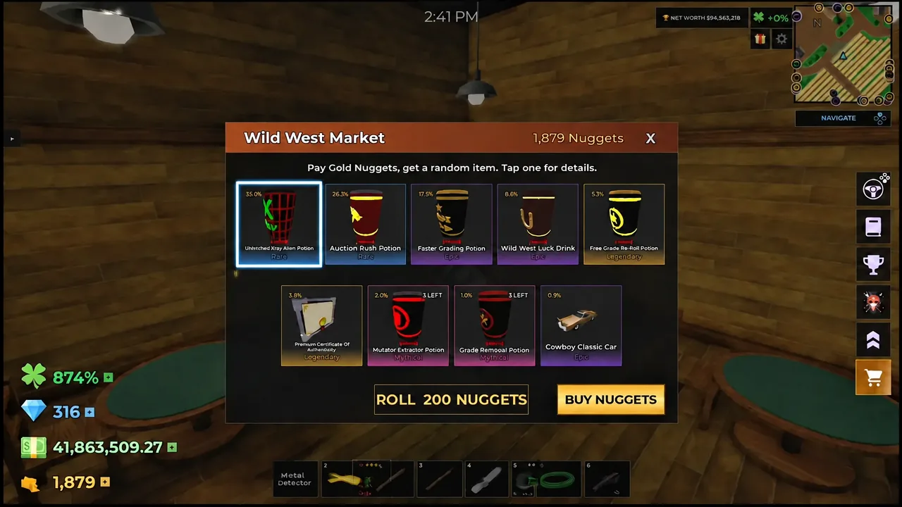 Wild West Market roll menu listing the potions and the Cowboy Classic Car available for Nuggets