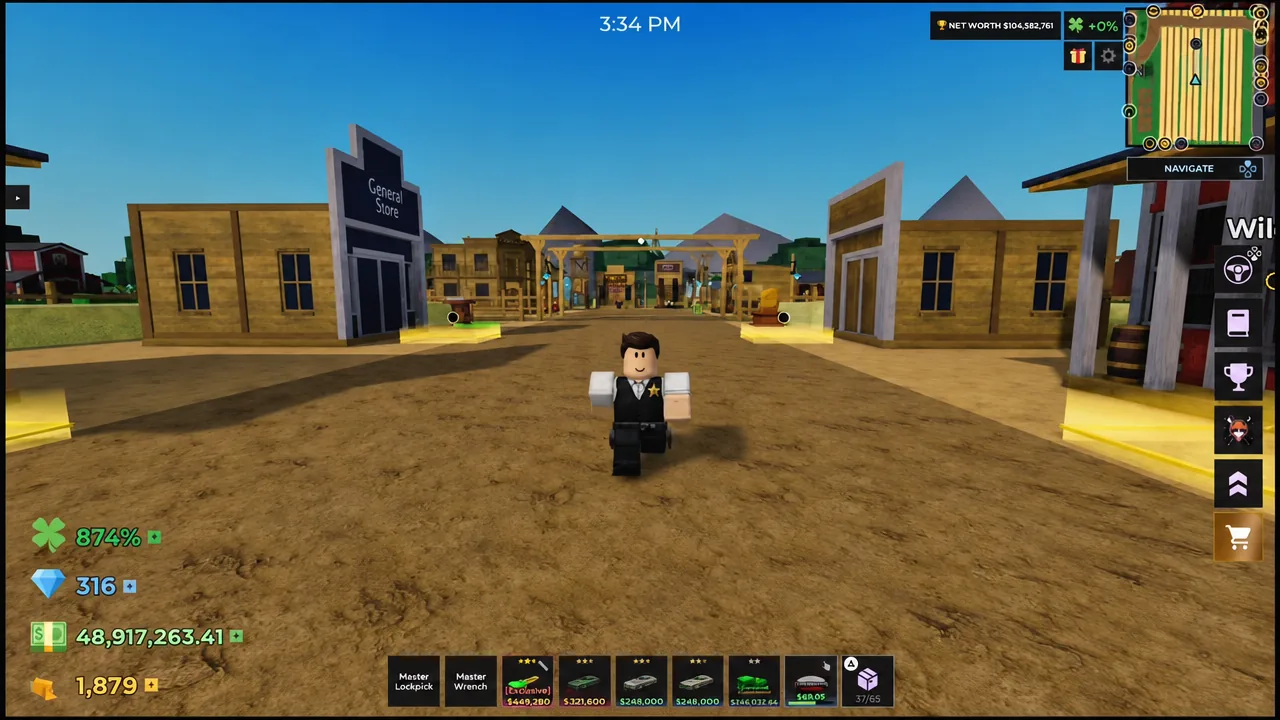 Wild West town street in Storage Hunters with the player in sheriff gear and the Navigate button on screen