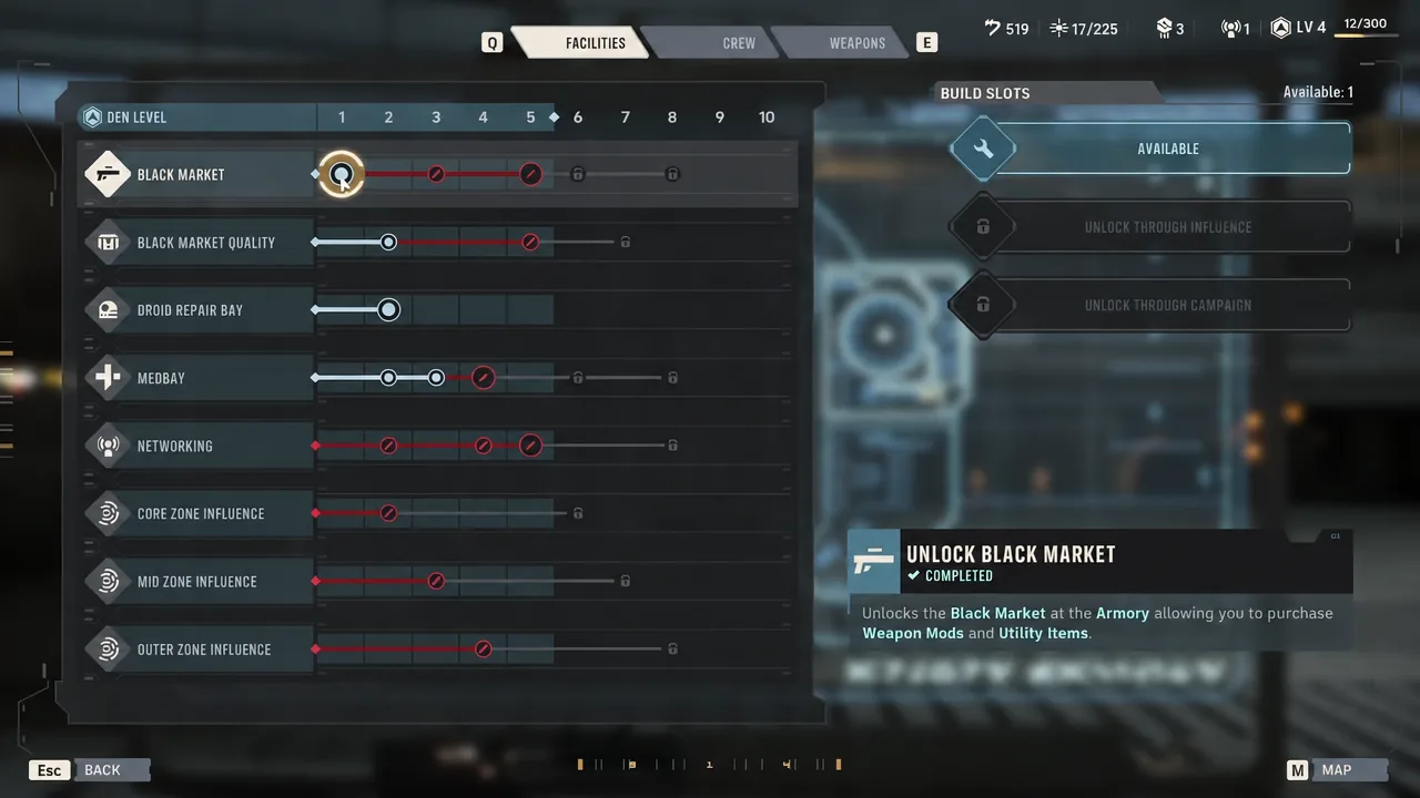 The Facilities screen with the Black Market unlocked — the first purchase worth making.