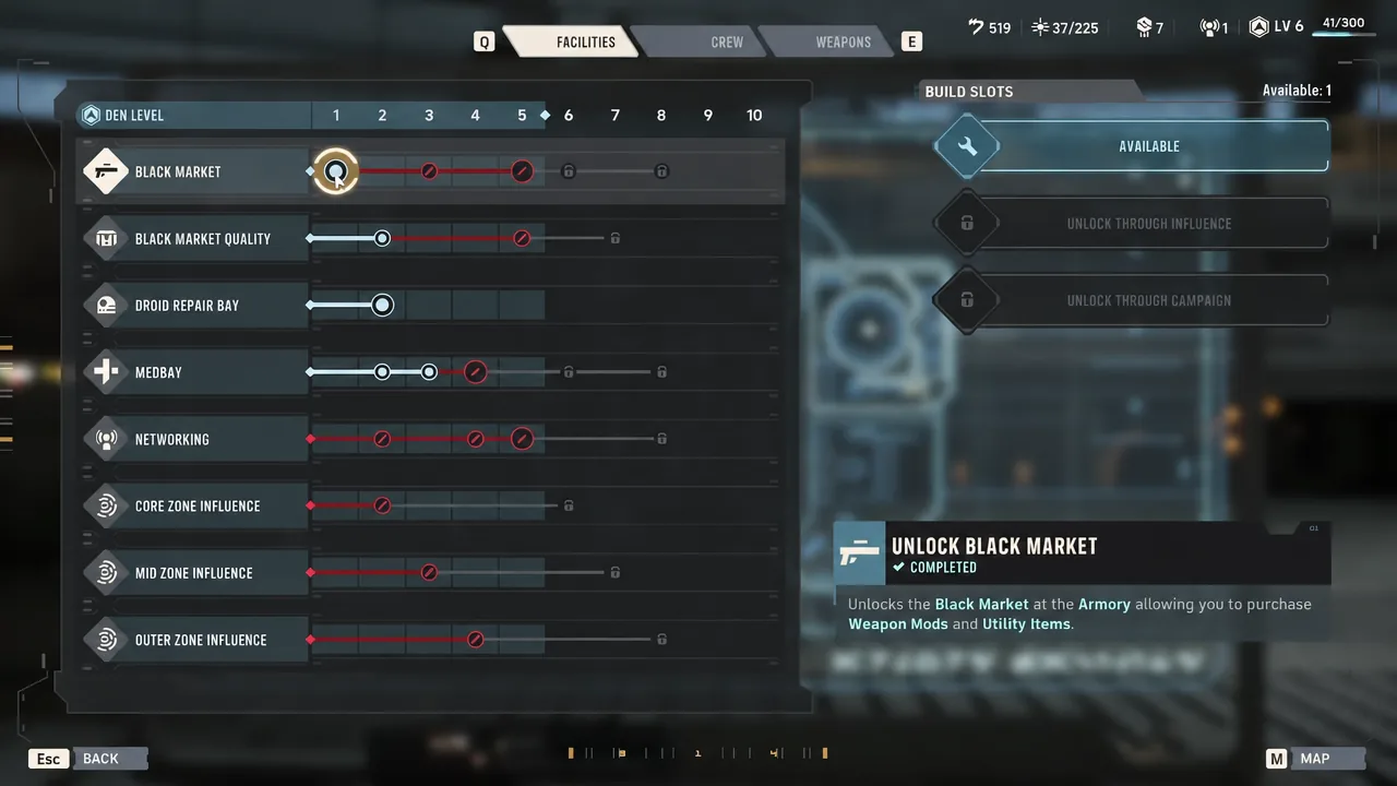 Den Facilities screen showing the completed Black Market upgrade node
