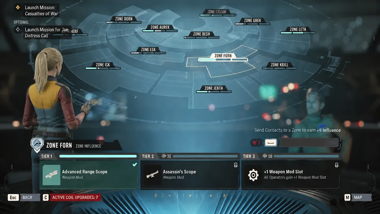 Zone Influence screen with Zone Forn selected and the Advanced Range Scope Tier 1 reward highlighted