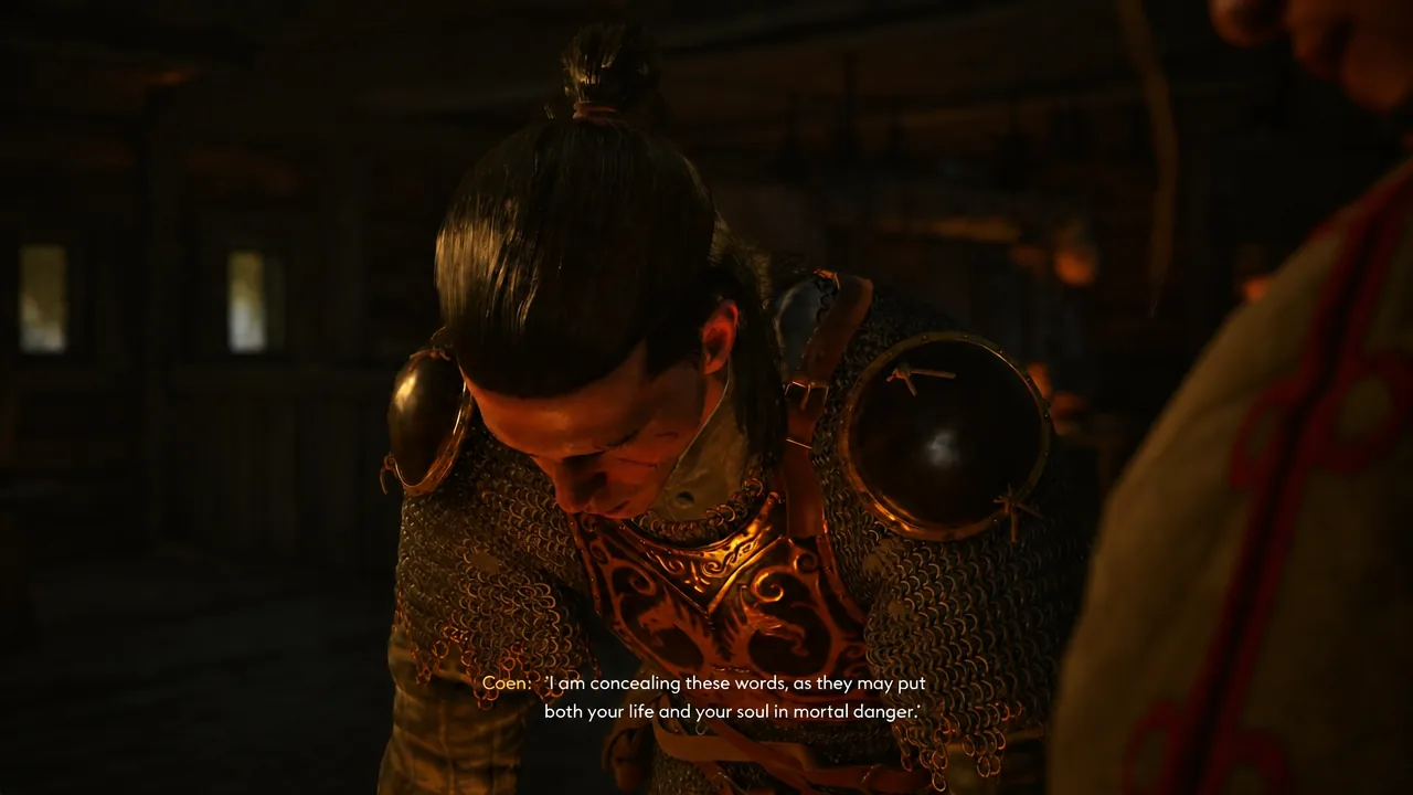 Cutscene of an armored figure bowing as Coen warns about the danger of the hidden words