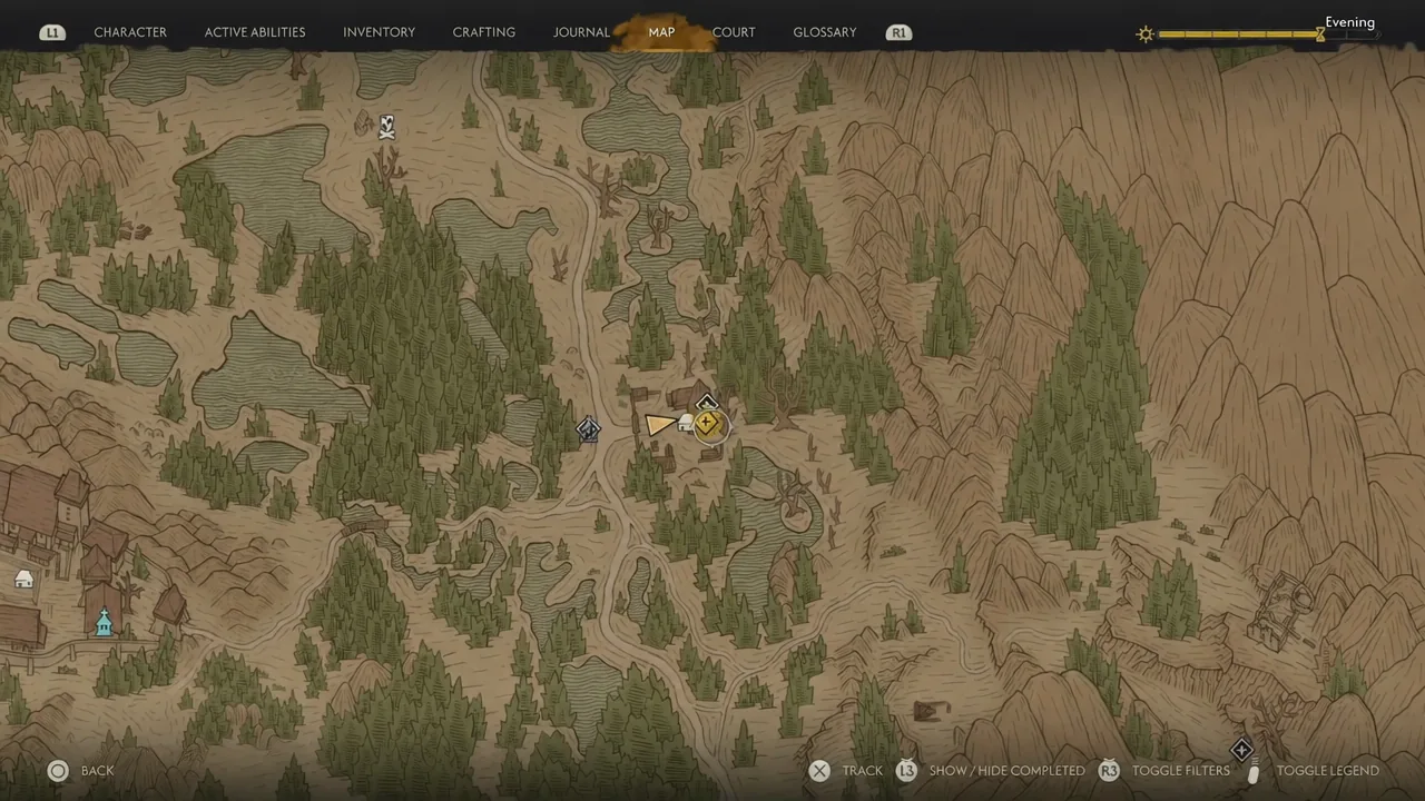 World map with the tracked yellow objective marker pointing to the Crossroads Inn