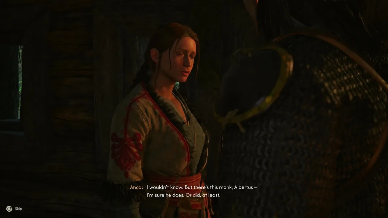 Dialogue scene with Anca's subtitles on screen as she mentions the monk Albertus