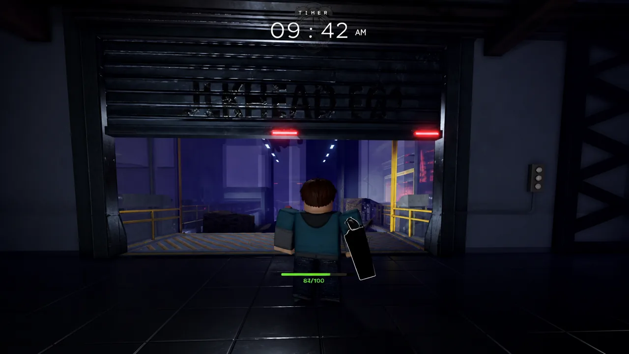 Bite By Night gameplay showing the round timer and a survivor carrying an item toward a raised shutter