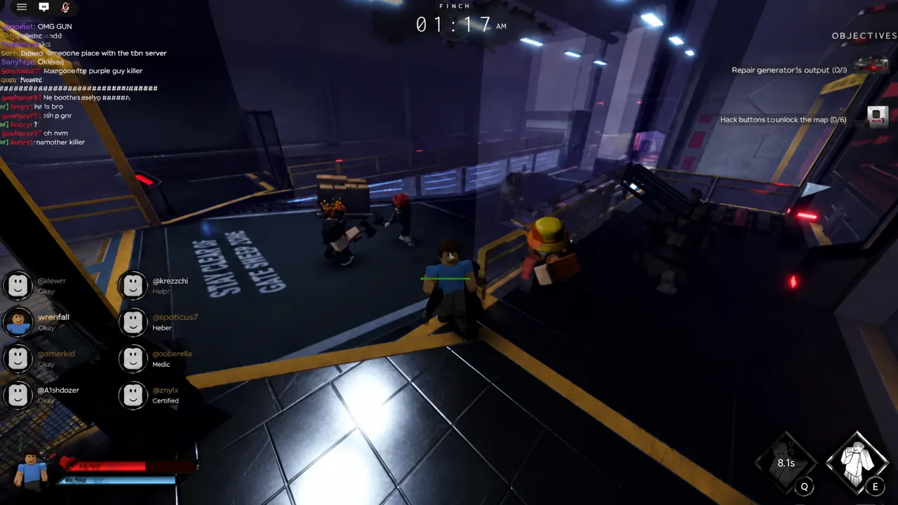 Objectives panel showing generator repair and map button hacking tasks during a multiplayer round