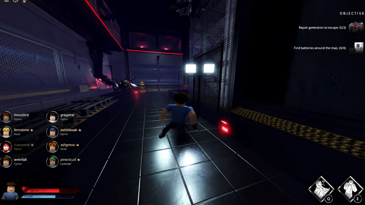 Objective panel listing three generator repairs and four batteries as a survivor moves down a corridor