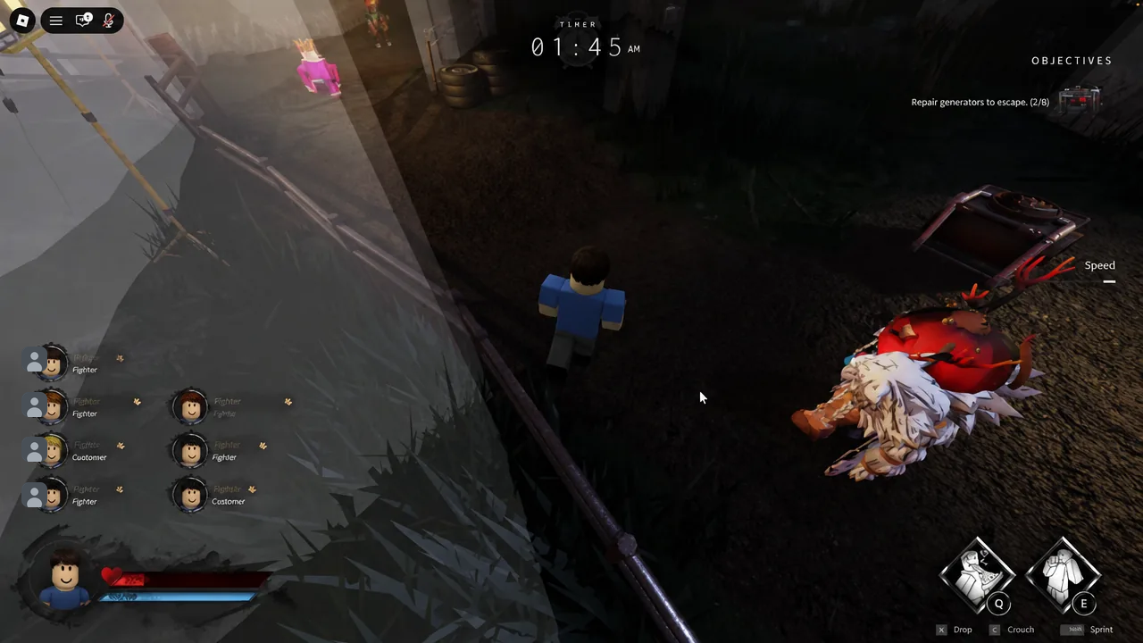 HUD reading Repair generators to escape 2 of 8 as a survivor approaches a generator