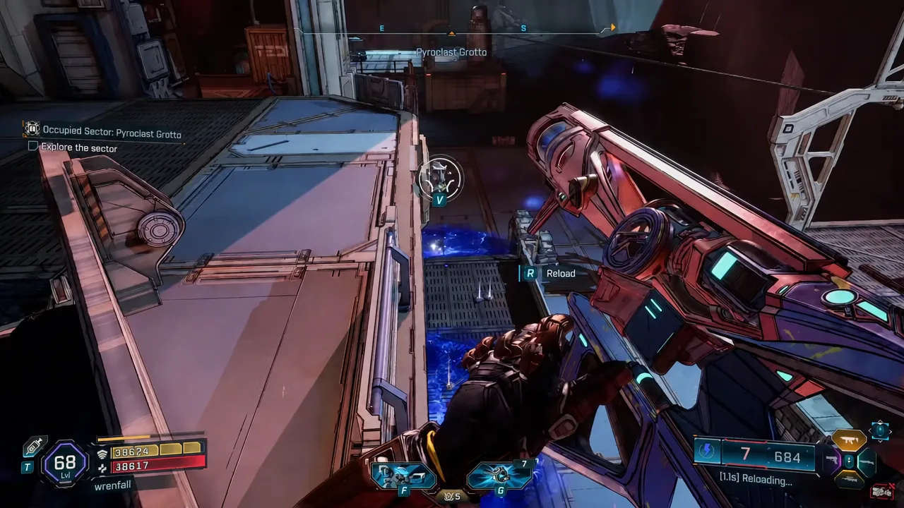 Reload prompt highlighted on screen inside Pyroclast Grotto before the final tunnel
