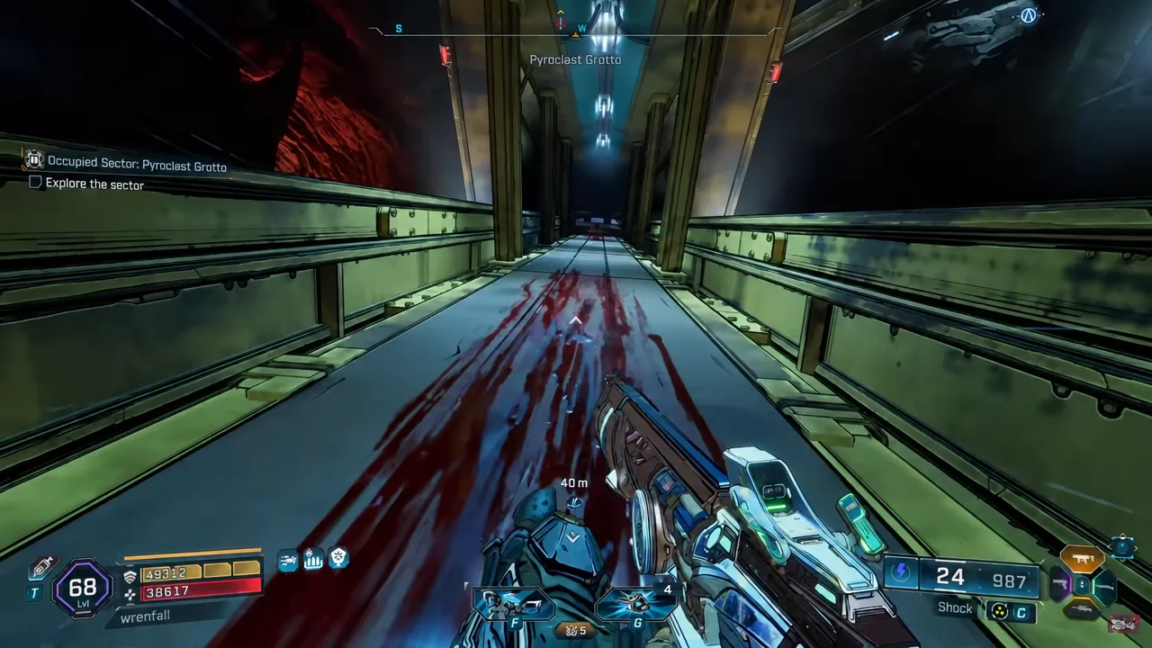 Narrow grotto corridor with the Pyroclast Grotto location name shown on the HUD