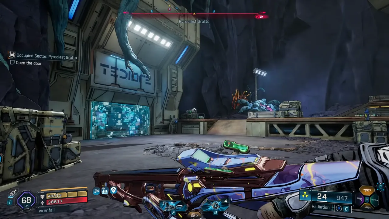 Sealed Pyroclast Grotto entrance with the open the door objective showing on the HUD
