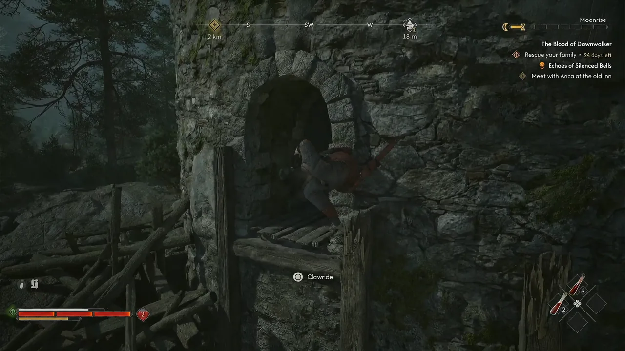 Climb prompt on screen as the character pulls up through a stone opening inside a tower