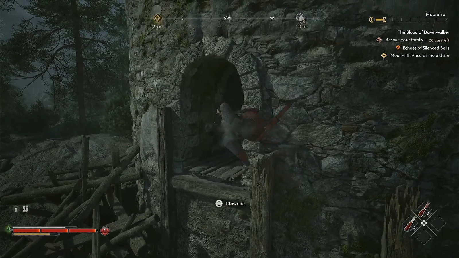 Clawride prompt shown while climbing onto a wooden platform next to a stone archway