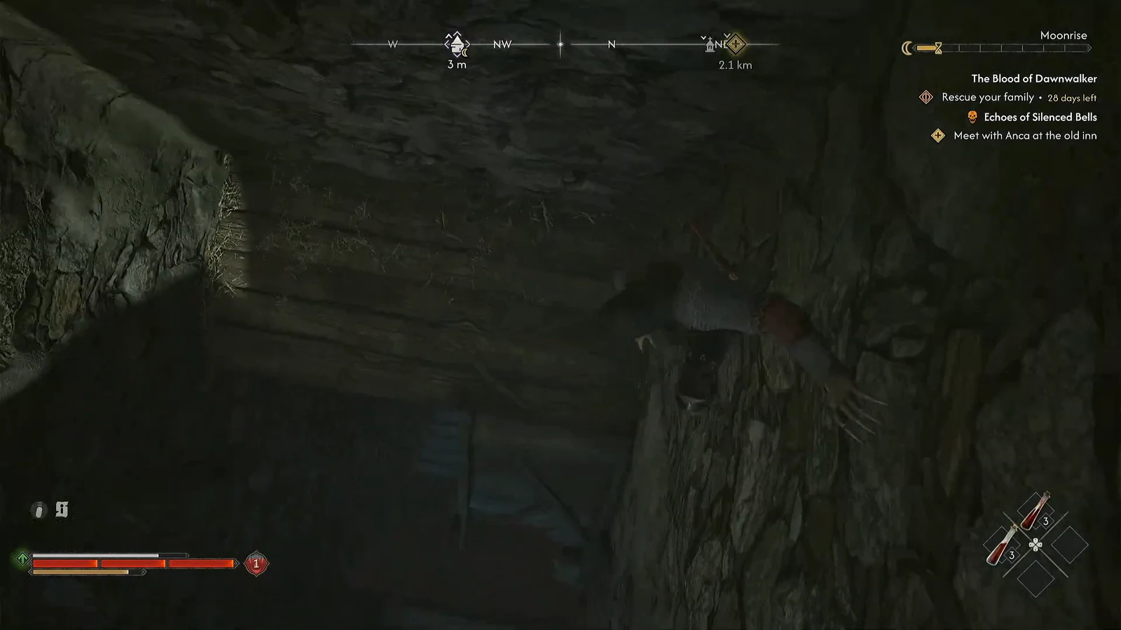 Cave passage with an objective marker guiding the player toward the chest chamber