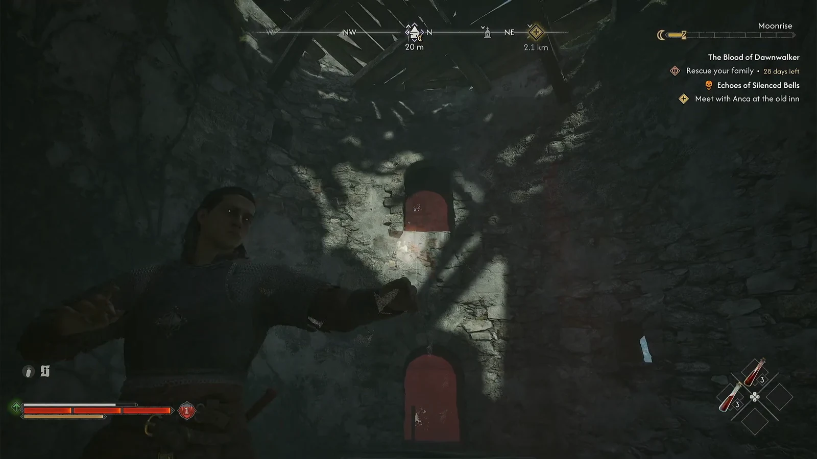 Dark stone chamber with the quest tracker showing the marked objective 20 metres ahead