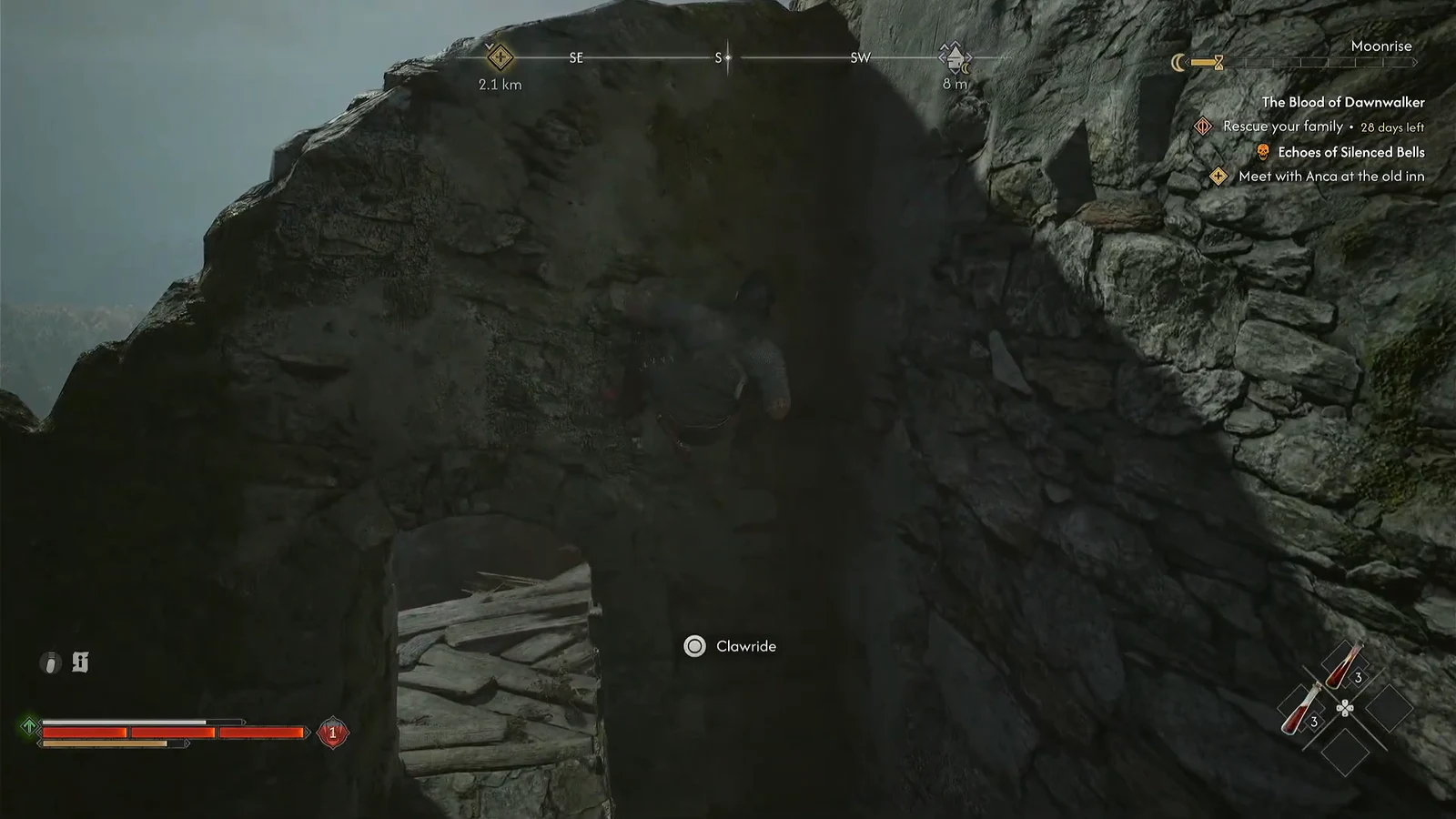 Clawride prompt appearing as the character climbs a rocky cliff face