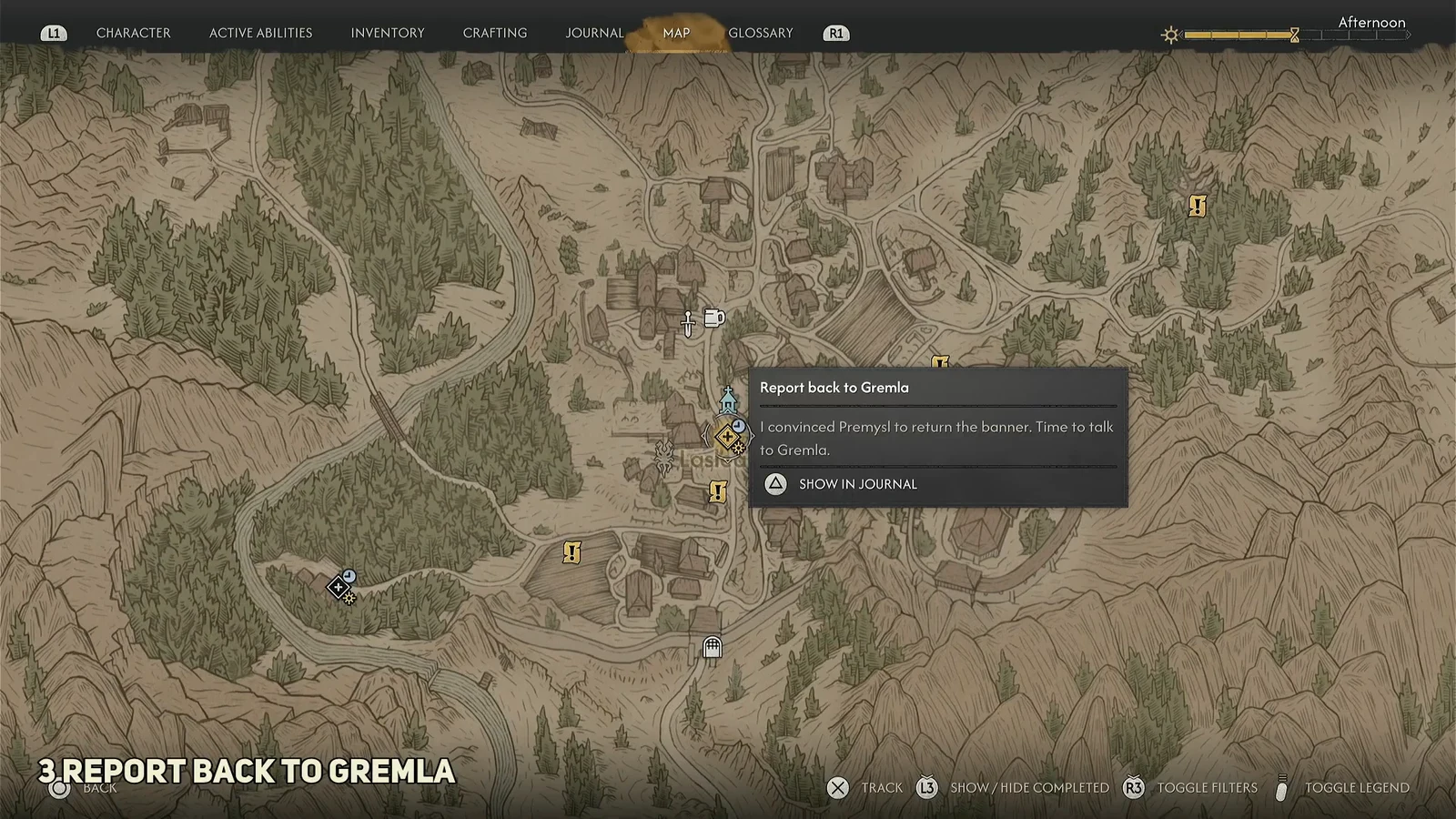World map with the Report back to Gremla objective selected and its details panel open