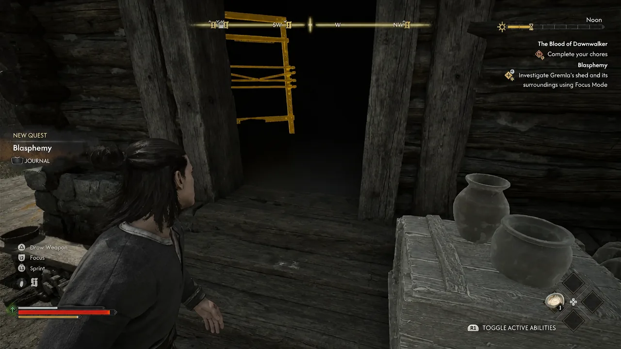 Focus Mode prompt shown while investigating Gremla's shed for the stolen banner