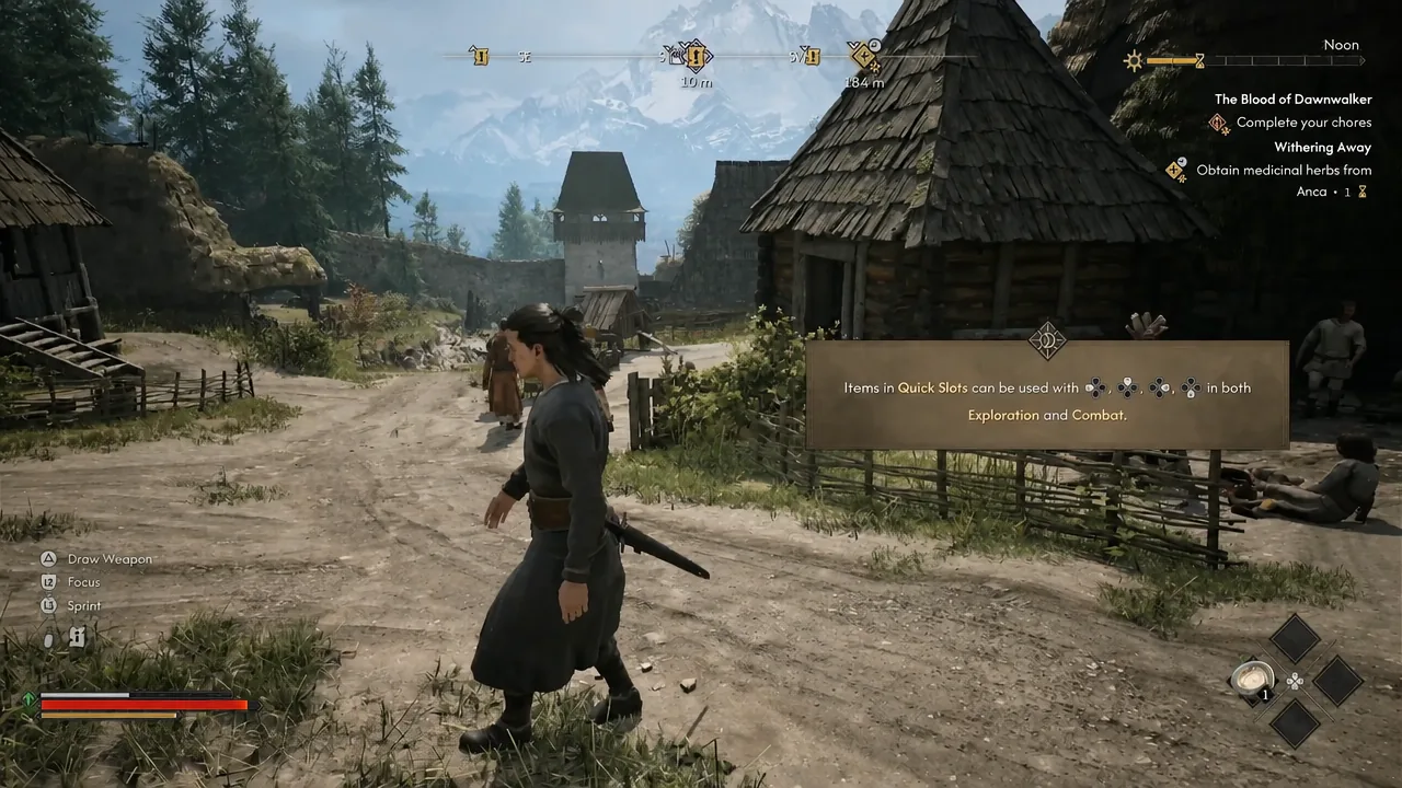 Quick Slots tutorial prompt appears on screen while exploring the village during the prologue