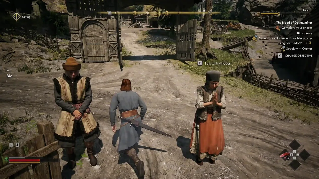 Talk prompt appearing as the player walks up to a seated villager outside a hut